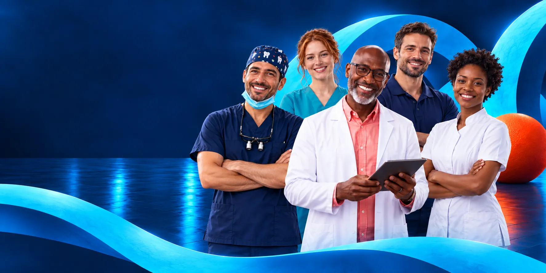 Équipe MEDOPTIM de cinq professionnels de santé libéraux, dont un dentiste, pour votre projet de SELARL.